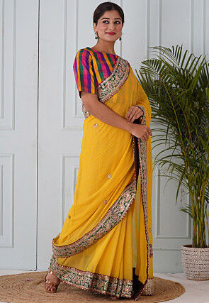 Foil Printed Georgette Saree in Yellow