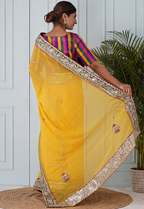 Foil Printed Georgette Saree in Yellow