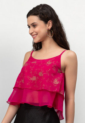 Foil Printed Georgette Strappy Layered Crop Top in Fuchsia
