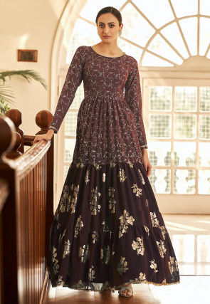 Foil Printed Georgette Tiered Gown in Brown