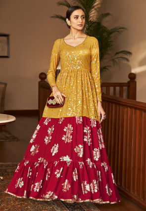 Foil Printed Georgette Tiered Gown in Mustard and Red