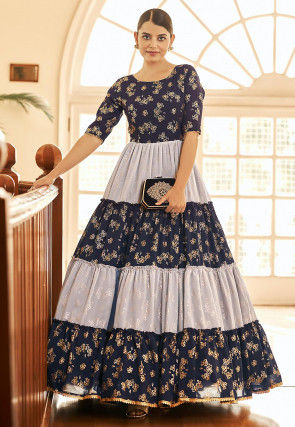 Foil Printed Georgette Tiered Gown in Navy Blue and Grey