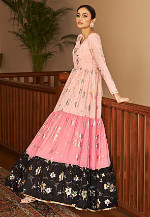 Foil Printed Georgette Tiered Gown in Pink and Black