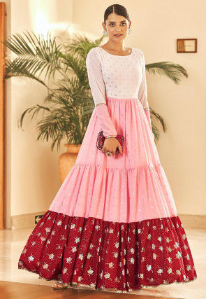 Foil Printed Georgette Tiered Gown in Pink and Multicolor