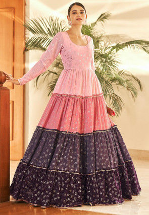 Foil Printed Georgette Tiered Gown in Pink and Wine