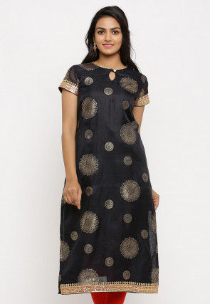 Foil Printed Kota Silk Straight Kurta in Black