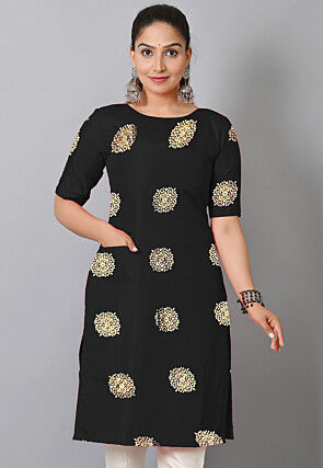 Foil Printed Kota Silk Straight Kurta in Black