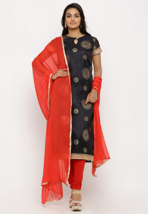 Foil Printed Kota Silk Straight Suit in Black