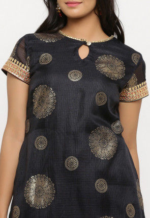 Foil Printed Kota Silk Straight Suit in Black