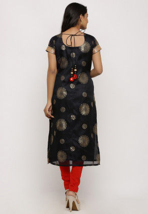 Foil Printed Kota Silk Straight Suit in Black