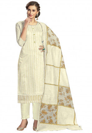 Foil Printed Modal Silk Pakistani Suit in Off White