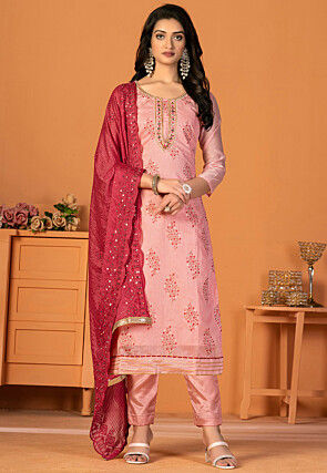 Foil Printed Modal Silk Pakistani Suit in Pink
