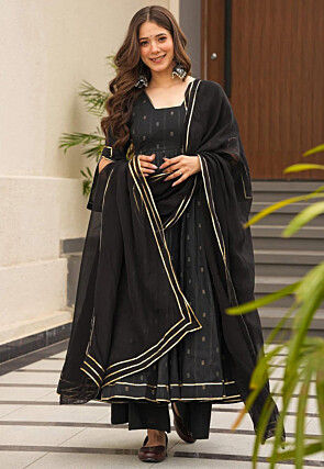 Foil Printed Muslin Cotton A Line Suit in Black