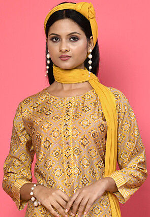 Foil Printed Muslin Cotton Pakistani Suit in Beige and Yellow