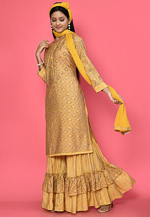 Foil Printed Muslin Cotton Pakistani Suit in Beige and Yellow