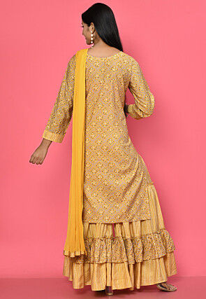 Foil Printed Muslin Cotton Pakistani Suit in Beige and Yellow
