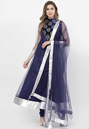 Foil Printed Net Anarkali Suit in Navy Blue