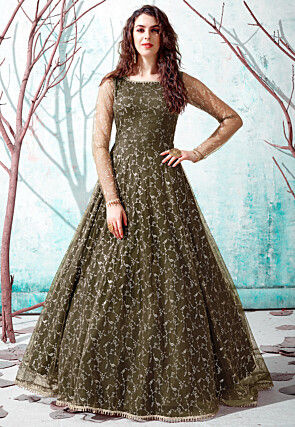 Foil Printed Net Gown in Olive Green
