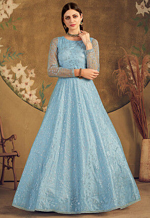 Blue net floor length gown with draped odhani pattern - G3-WGO2118 |  G3fashion.com