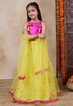 Foil Printed Net Lehenga in Yellow