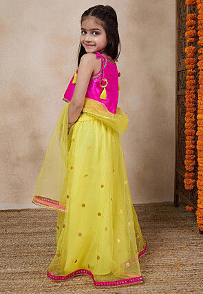 Foil Printed Net Lehenga in Yellow