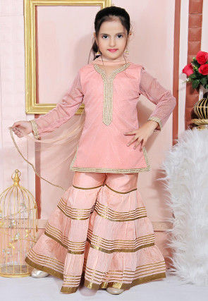 Foil Printed Net Pakistani Suit in Peach