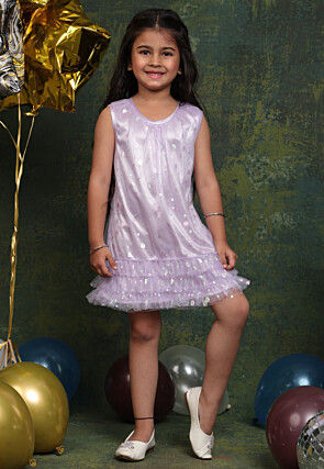 Foil Printed Net Shimmer Dress in Light Purple