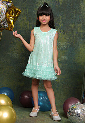 Foil Printed Net Shimmer Dress in Sea Green