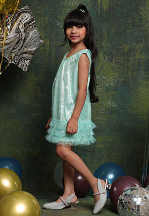 Foil Printed Net Shimmer Dress in Sea Green