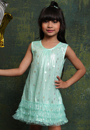 Foil Printed Net Shimmer Dress in Sea Green