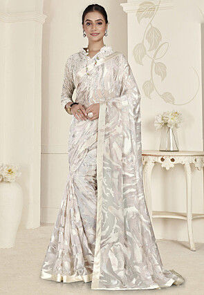 Foil Printed Organza Brasso Saree in Off White