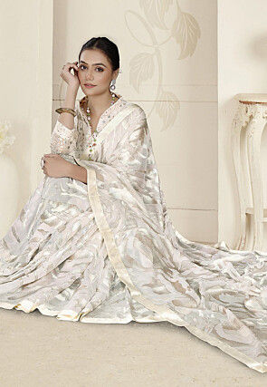Foil Printed Organza Brasso Saree in Off White