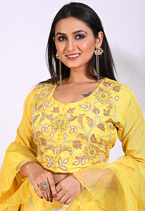 Hand Embroidered Organza Lehenga in Yellow