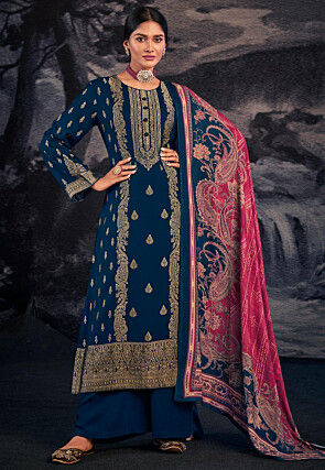 Foil Printed Pashmina Silk Pakistani Suit in Blue