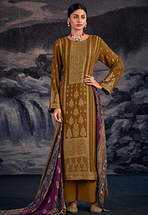 Foil Printed Pashmina Silk Pakistani Suit in Brown