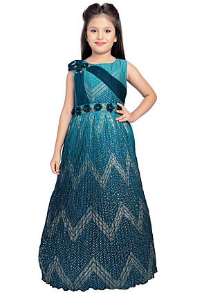 Foil Printed Polyester Gown in Blue