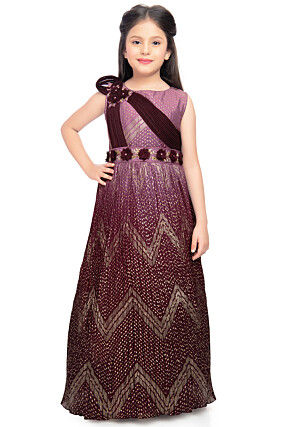 Foil Printed Polyester Gown in Purple Ombre