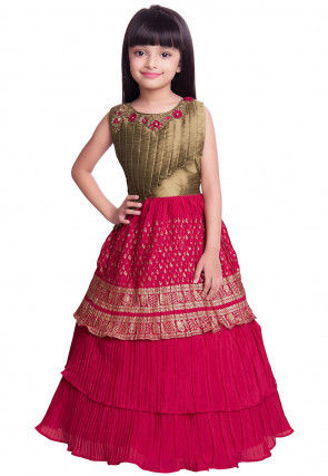 Foil Printed Polyster Pleated Gown in Fuchsia and Golden