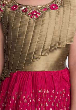 Foil Printed Polyster Pleated Gown in Fuchsia and Golden