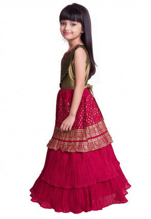 Foil Printed Polyster Pleated Gown in Fuchsia and Golden