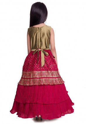 Foil Printed Polyster Pleated Gown in Fuchsia and Golden