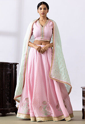 Foil Printed Pure Chanderi Cotton Lehenga in Baby Pink