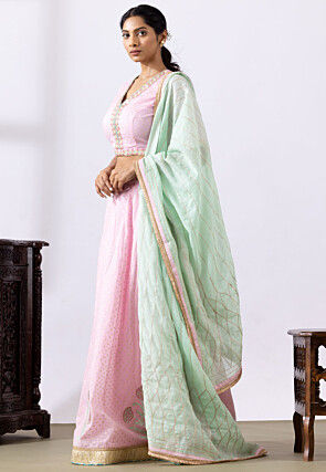 Foil Printed Pure Chanderi Cotton Lehenga in Baby Pink