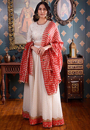 Foil Printed Pure Chanderi Cotton Lehenga in Off White