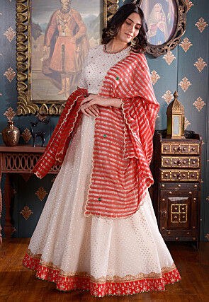 Foil Printed Pure Chanderi Cotton Lehenga in Off White