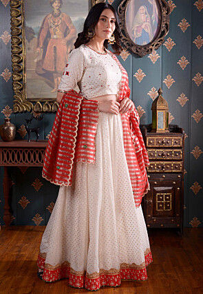 Foil Printed Pure Chanderi Cotton Lehenga in Off White