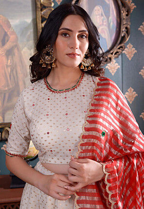 Foil Printed Pure Chanderi Cotton Lehenga in Off White