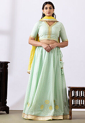 Foil Printed Pure Chanderi Cotton Lehenga in Pastel Green