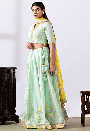 Foil Printed Pure Chanderi Cotton Lehenga in Pastel Green