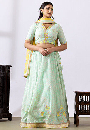 Foil Printed Pure Chanderi Cotton Lehenga in Pastel Green